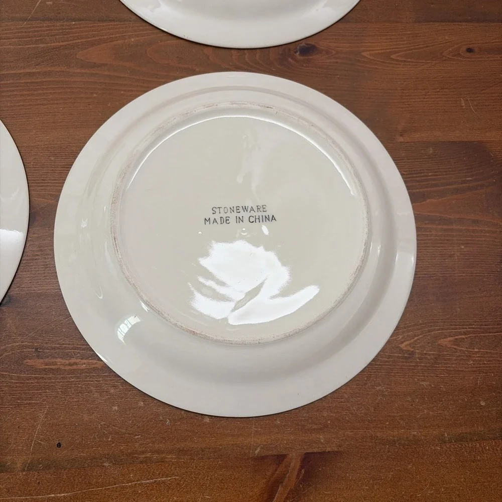 Set/4 Vintage Sunflower Design Dinner Plates, Double Green Trim, Stoneware 10.25